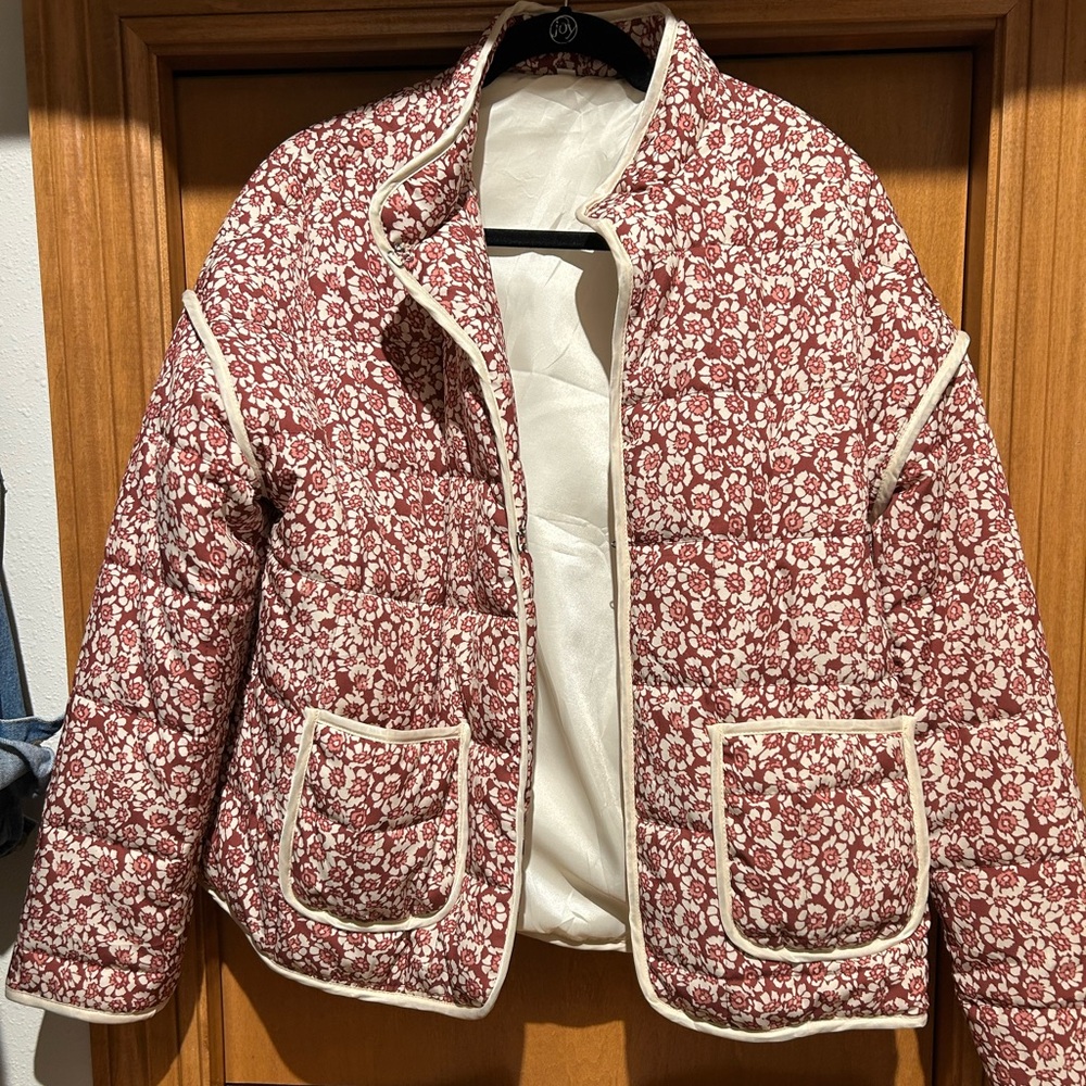 Amazon Red and Cream Floral Puffer Jacket
